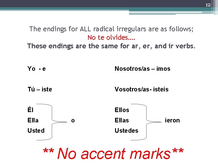 12 The endings for ALL radical irregulars are as follows; No te olvides…. These