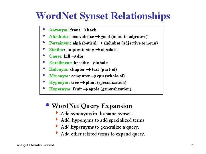 Word. Net Synset Relationships i i i i i Antonym: front back Attribute: benevolence