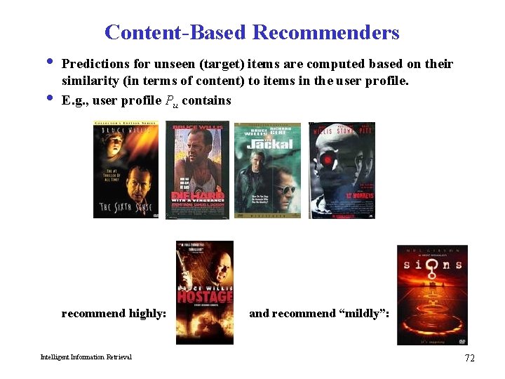 Content-Based Recommenders i Predictions for unseen (target) items are computed based on their similarity