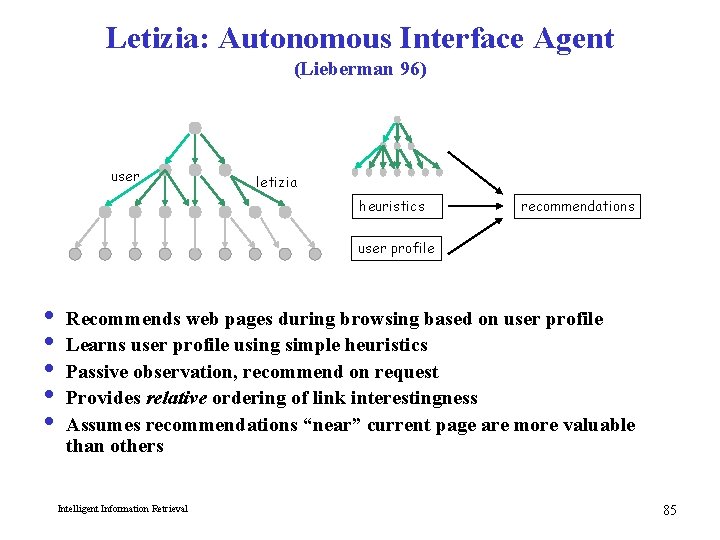 Letizia: Autonomous Interface Agent (Lieberman 96) user letizia heuristics recommendations user profile i i