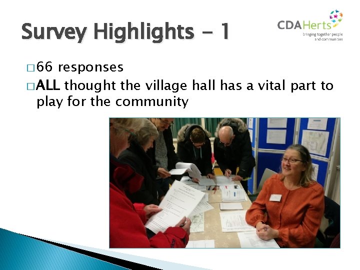 Survey Highlights - 1 � 66 responses � ALL thought the village hall has