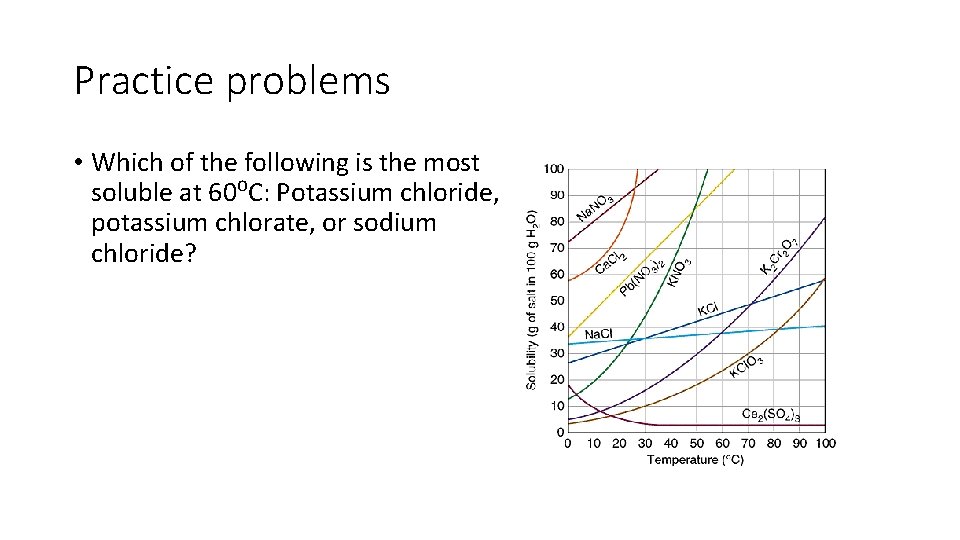 Practice problems • Which of the following is the most soluble at 60⁰C: Potassium