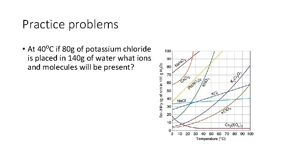 Practice problems • At 40⁰C if 80 g of potassium chloride is placed in