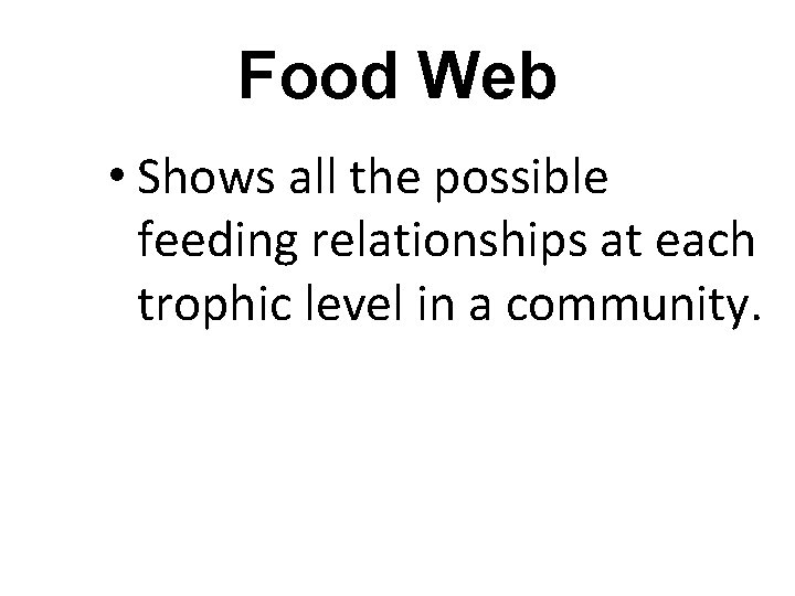 Food Web • Shows all the possible feeding relationships at each trophic level in