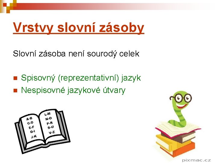 Vrstvy slovní zásoby Slovní zásoba není sourodý celek n n Spisovný (reprezentativní) jazyk Nespisovné