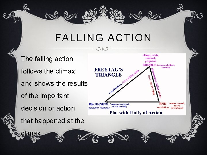 FALLING ACTION The falling action follows the climax and shows the results of the