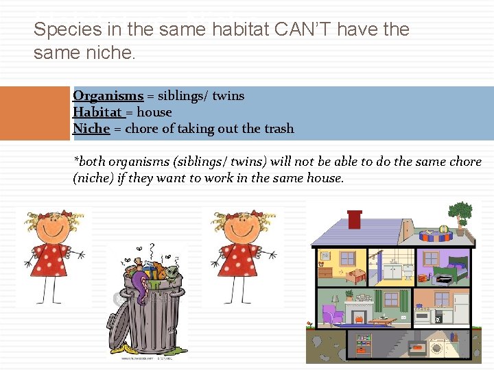 Habitat vs. Niche Species in the same habitat CAN’T have the same niche. Organisms