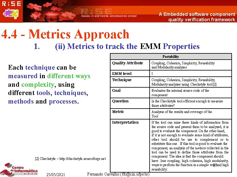 A Embedded software component quality verification framework 4. 4 - Metrics Approach 1. (ii)
