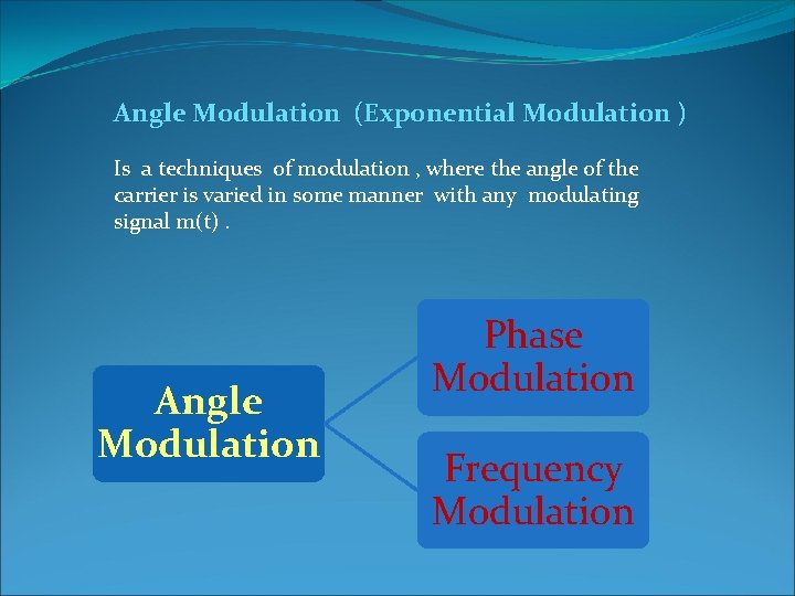 Angle Modulation (Exponential Modulation ) Is a techniques of modulation , where the angle