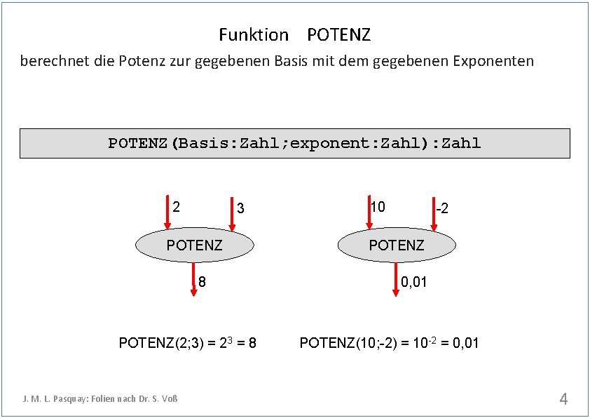 Funktion POTENZ berechnet die Potenz zur gegebenen Basis mit dem gegebenen Exponenten POTENZ(Basis: Zahl;