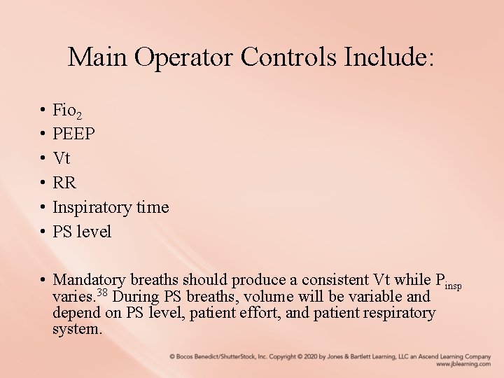 Main Operator Controls Include: • • • Fio 2 PEEP Vt RR Inspiratory time