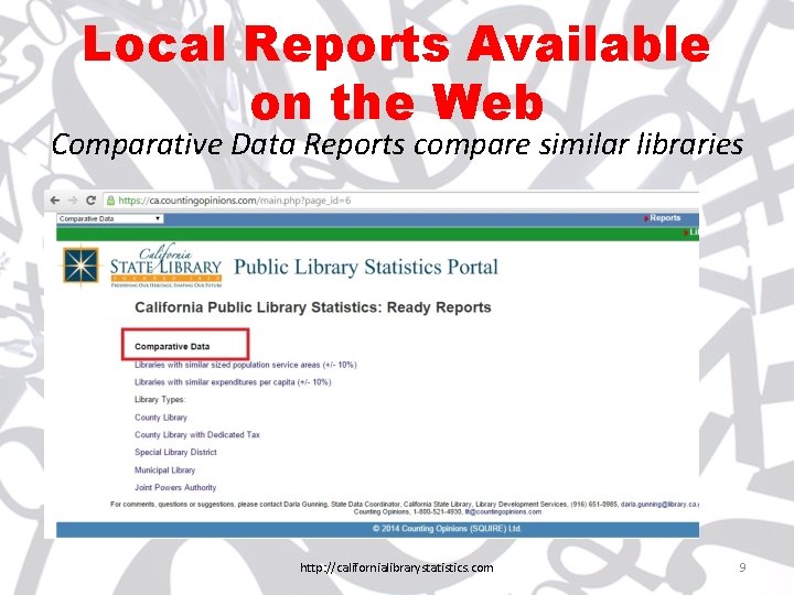 Local Reports Available on the Web Comparative Data Reports compare similar libraries http: //californialibrarystatistics.