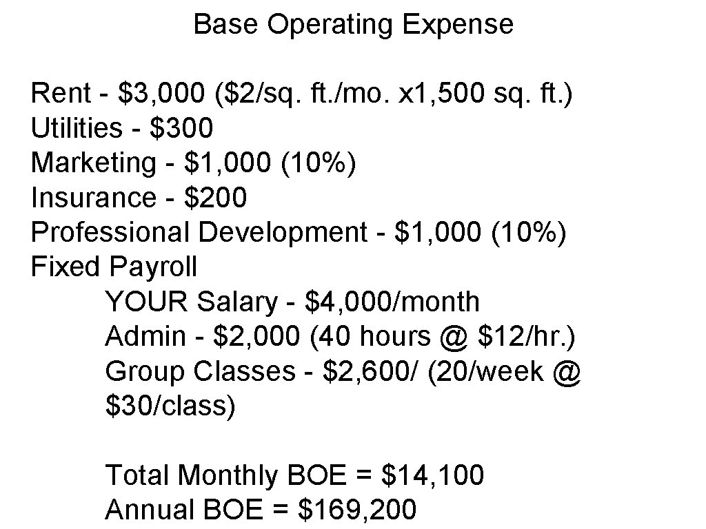 Base Operating Expense Rent - $3, 000 ($2/sq. ft. /mo. x 1, 500 sq.