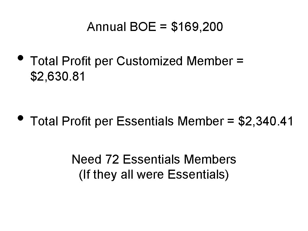 Annual BOE = $169, 200 • Total Profit per Customized Member = $2, 630.