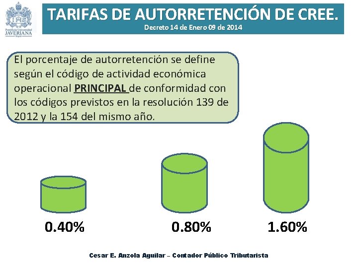 TARIFAS DE AUTORRETENCIÓN DE CREE. Decreto 14 de Enero 09 de 2014 El porcentaje