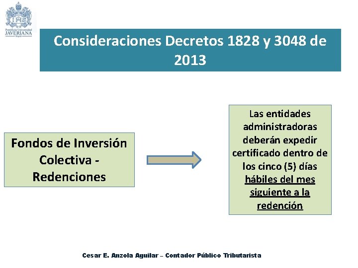 Consideraciones Decretos 1828 y 3048 de 2013 Fondos de Inversión Colectiva Redenciones Las entidades