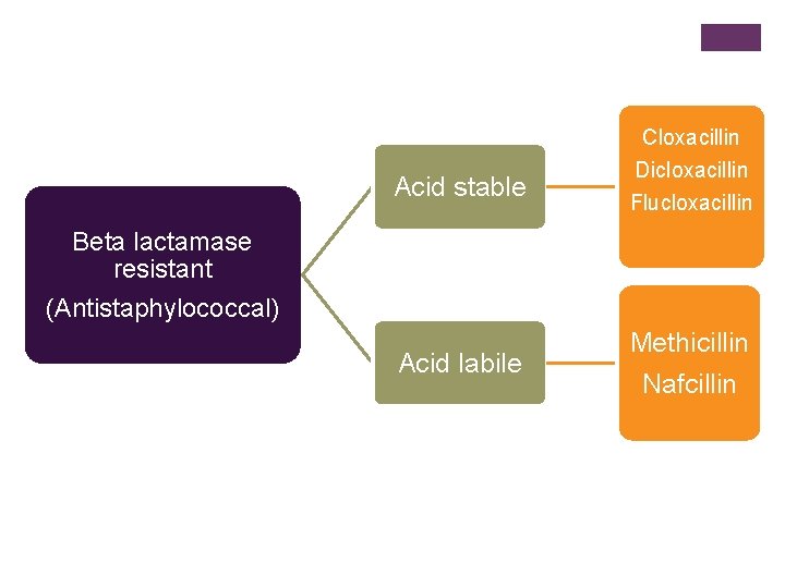 Acid stable Cloxacillin Dicloxacillin Flucloxacillin Beta lactamase resistant (Antistaphylococcal) Acid labile Methicillin Nafcillin 