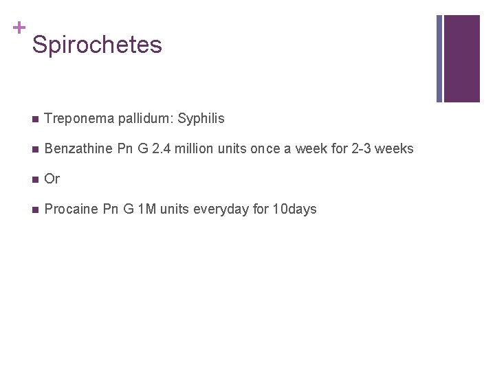 + Spirochetes n Treponema pallidum: Syphilis n Benzathine Pn G 2. 4 million units