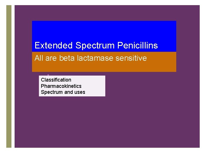 Extended Spectrum Penicillins All are beta lactamase sensitive + Classification Pharmacokinetics Spectrum and uses
