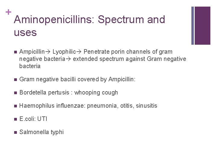+ Aminopenicillins: Spectrum and uses n Ampicillin Lyophilic Penetrate porin channels of gram negative
