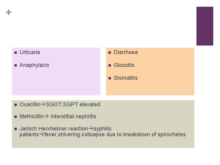 + n Urticaria n Diarrhoea n Anaphylaxis n Glossitis n Stomatitis n Oxacillin SGOT,