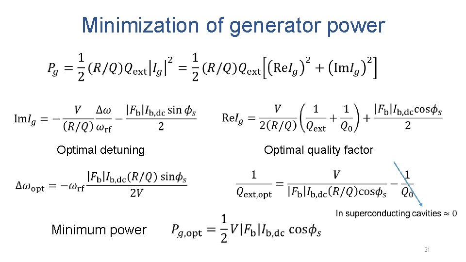 Minimization of generator power Optimal detuning Optimal quality factor Minimum power 21 