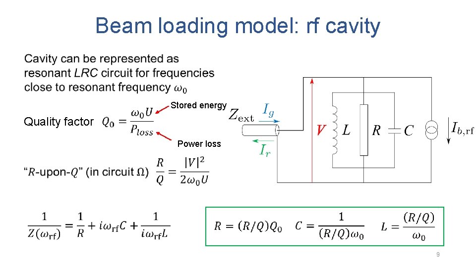 Beam loading model: rf cavity Stored energy Quality factor Power loss 9 