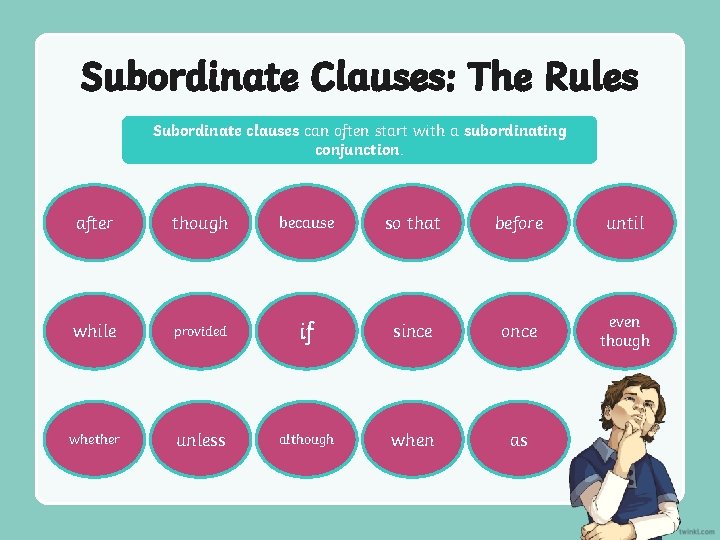 Subordinate Clauses: The Rules Subordinate clauses can often start with a subordinating conjunction. after