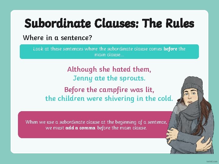 Subordinate Clauses: The Rules Where in a sentence? Look at these sentences where the