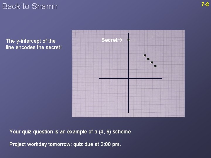 7 -8 Back to Shamir The y-intercept of the line encodes the secret! Secret