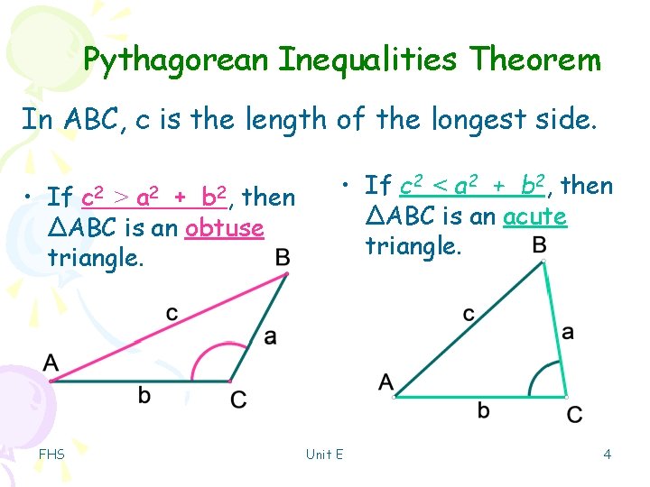 Pythagorean Inequalities Theorem In ABC, c is the length of the longest side. •