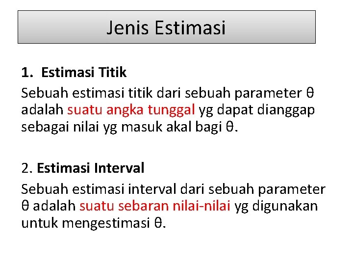 Jenis Estimasi 1. Estimasi Titik Sebuah estimasi titik dari sebuah parameter θ adalah suatu