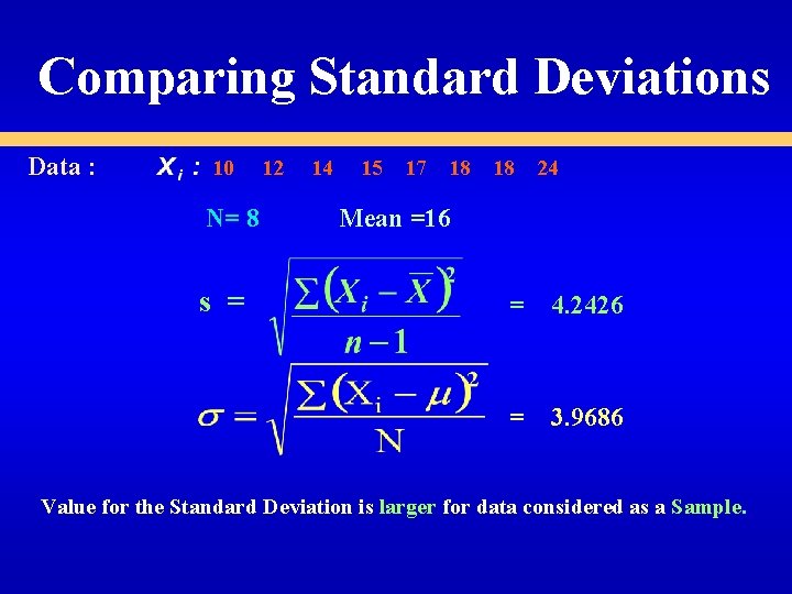 Comparing Standard Deviations Data : 10 N= 8 s = 12 14 15 17