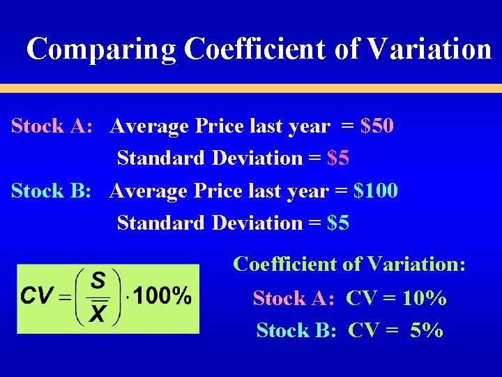 Comparing Coefficient of Variation Stock A: Average Price last year = $50 Standard Deviation