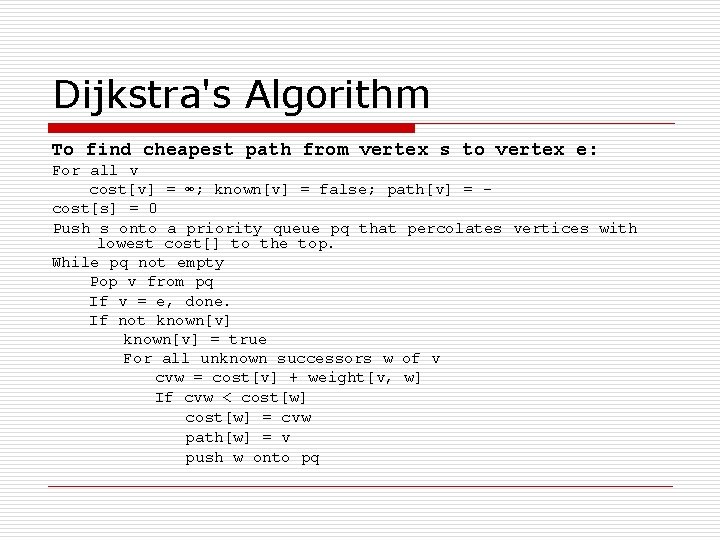 Dijkstra's Algorithm To find cheapest path from vertex s to vertex e: For all