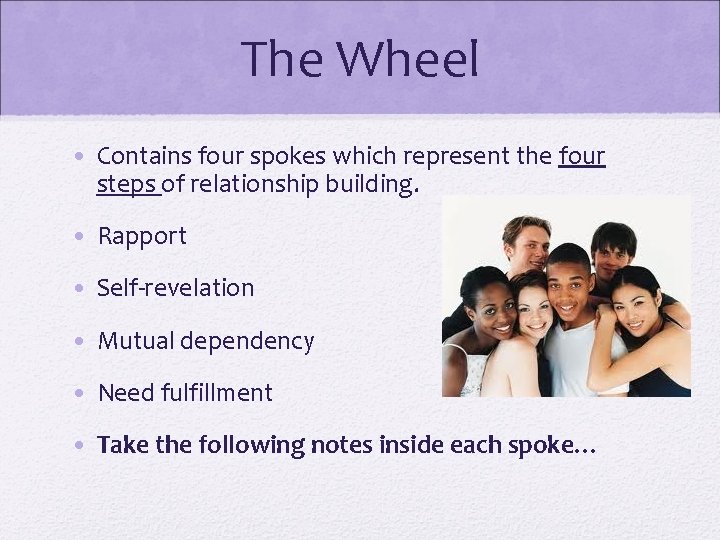 The Wheel • Contains four spokes which represent the four steps of relationship building.