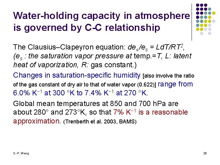 Water-holding capacity in atmosphere is governed by C-C relationship The Clausius–Clapeyron equation: des /es