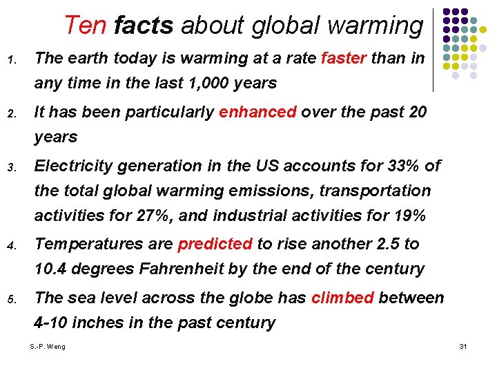 Ten facts about global warming 1. The earth today is warming at a rate