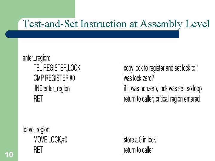 Test-and-Set Instruction at Assembly Level 10 A. Frank - P. Weisberg 