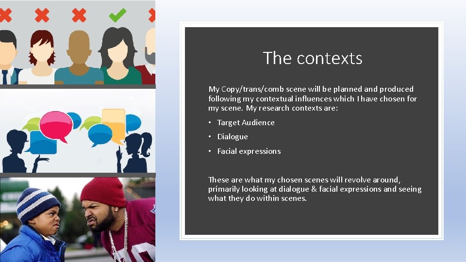 The contexts My Copy/trans/comb scene will be planned and produced following my contextual influences