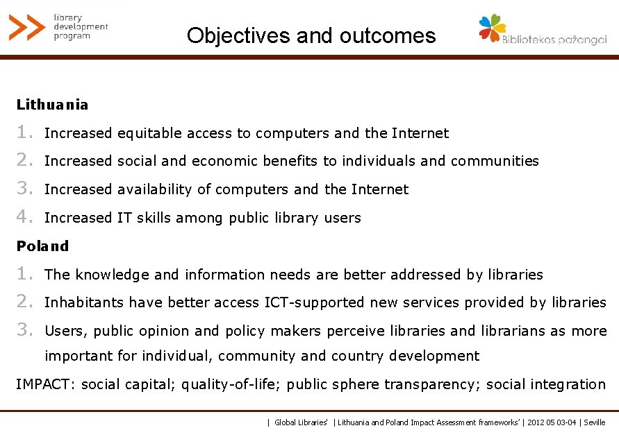 Objectives and outcomes Lithuania 1. Increased equitable access to computers and the Internet 2.