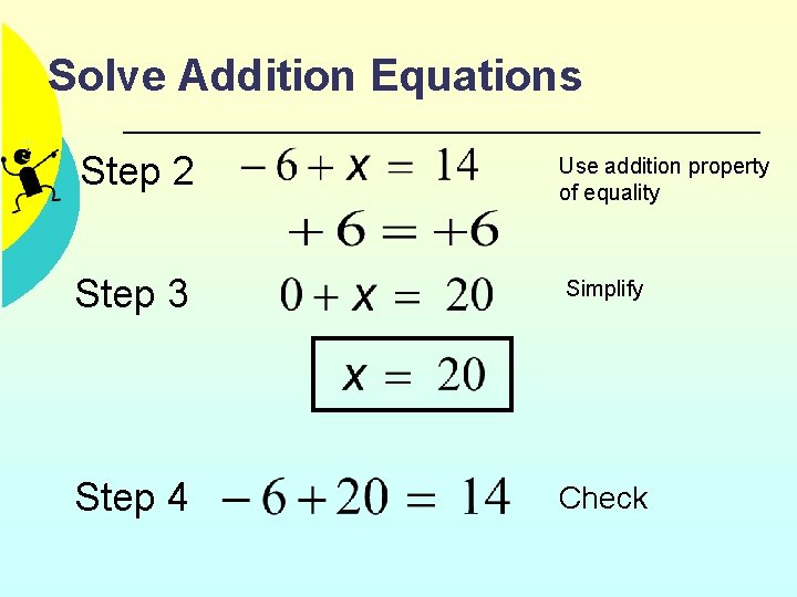 Solve Addition Equations Step 2 Use addition property of equality Step 3 Simplify Step