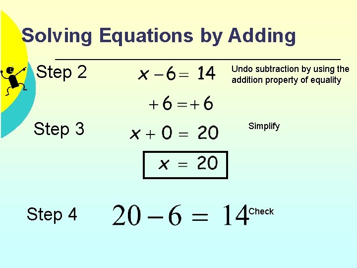Solving Equations by Adding Step 2 Step 3 Step 4 Undo subtraction by using