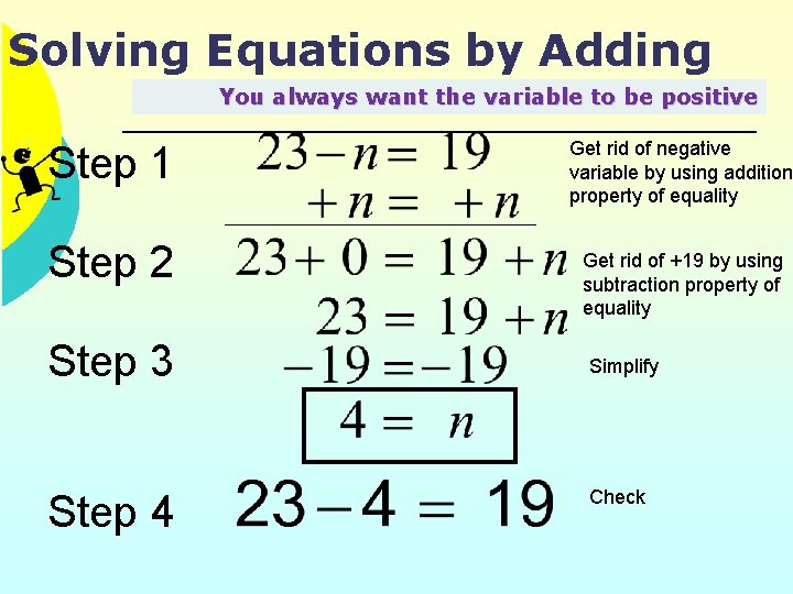 Solving Equations by Adding You always want the variable to be positive Step 1