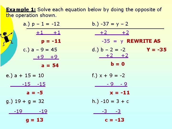 Example 1: Solve each equation below by doing the opposite of the operation shown.