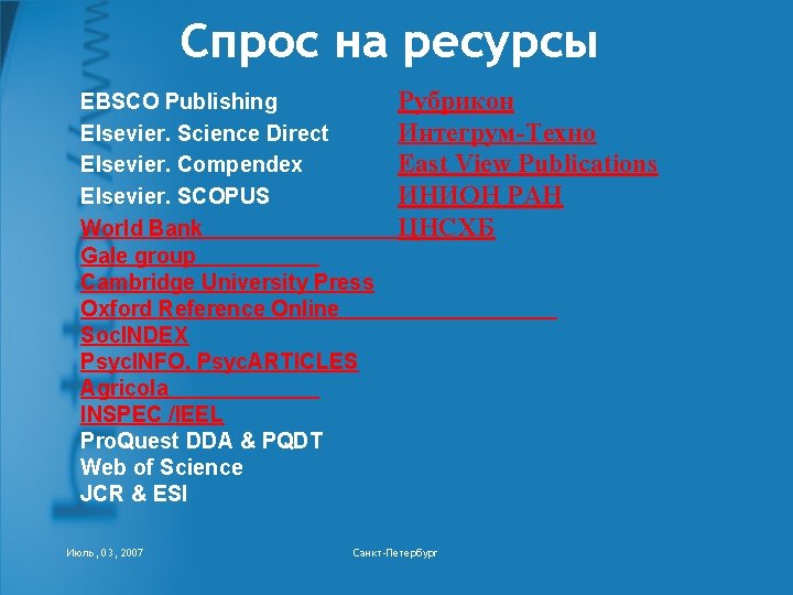 Спрос на ресурсы EBSCO Publishing Elsevier. Science Direct Elsevier. Compendex Elsevier. SCOPUS World Bank