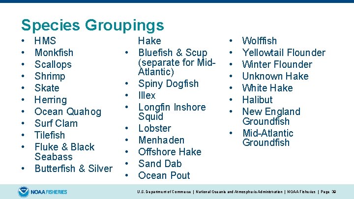 Species Groupings • • • HMS Monkfish Scallops Shrimp Skate Herring Ocean Quahog Surf