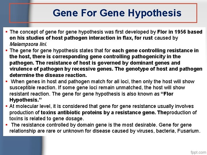 Gene For Gene Hypothesis § The concept of gene for gene hypothesis was first