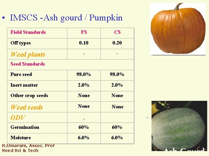  • IMSCS -Ash gourd / Pumpkin Field Standards FS CS Off types 0.