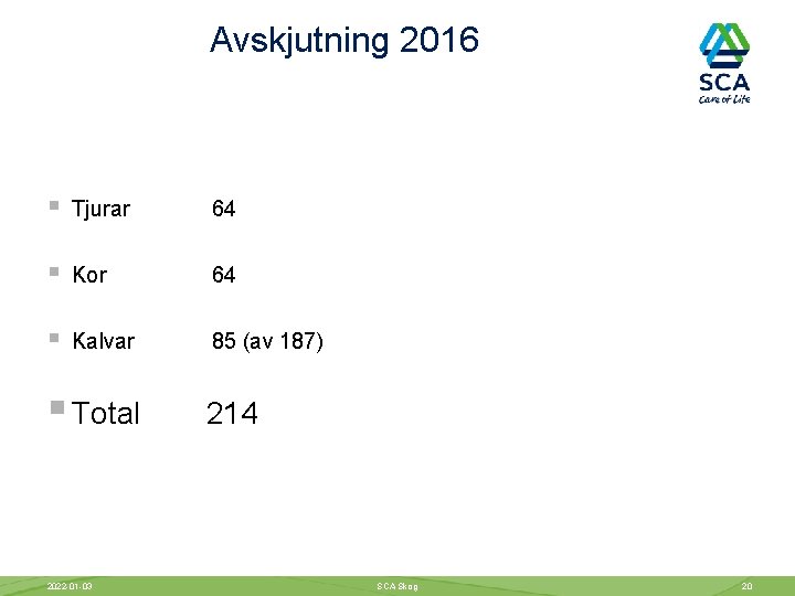 Avskjutning 2016 § Tjurar 64 § Kor 64 § Kalvar 85 (av 187) §